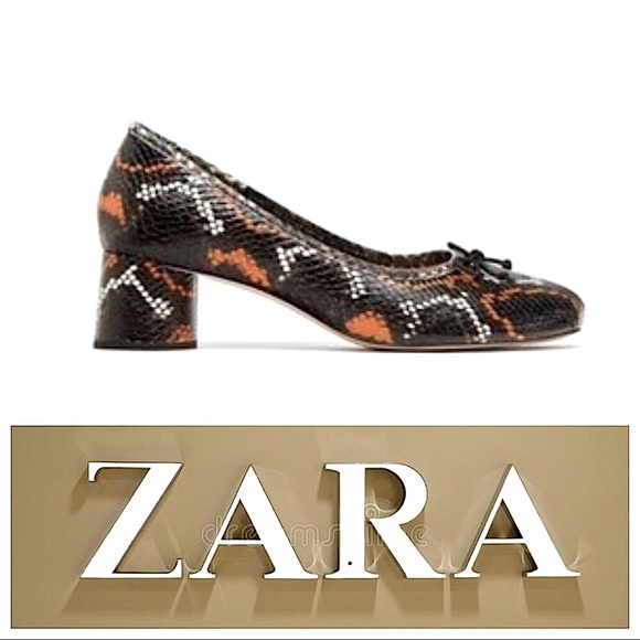 Zara Leather Snake Print Block Heel Ballerinas Size 39 - Picture 5 of 10
